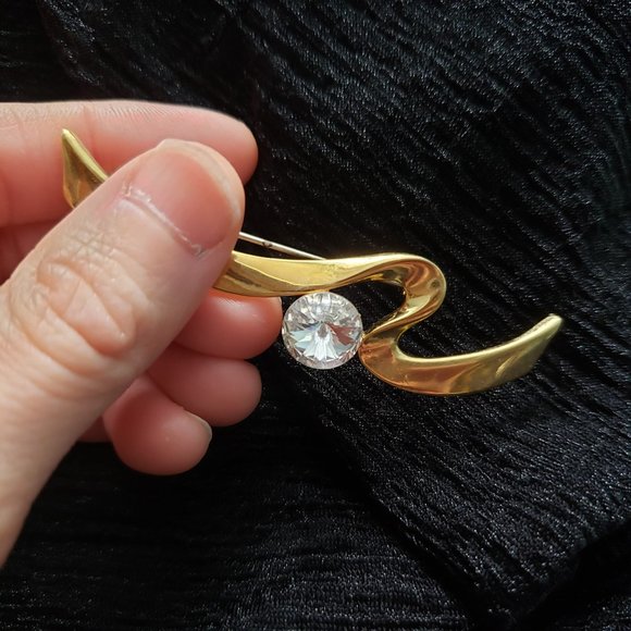 Vintage Large Jewel Gold Tone Abstract Zig Zag Pin Brooch - Picture 6 of 8